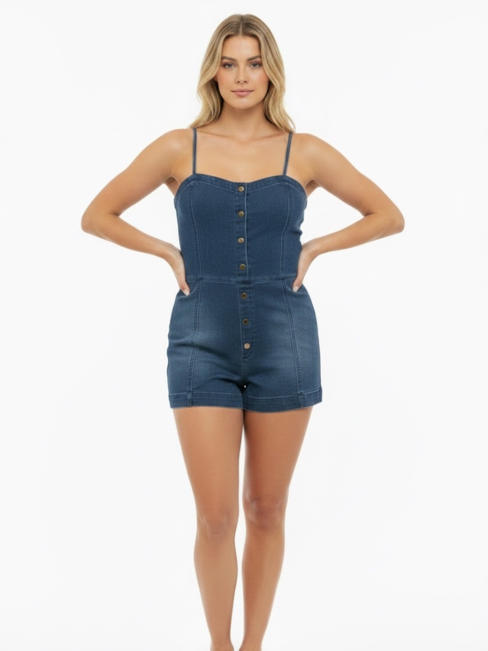 NEW XOXO Stretchy Dark Blue Denim Zip-Front Romper M